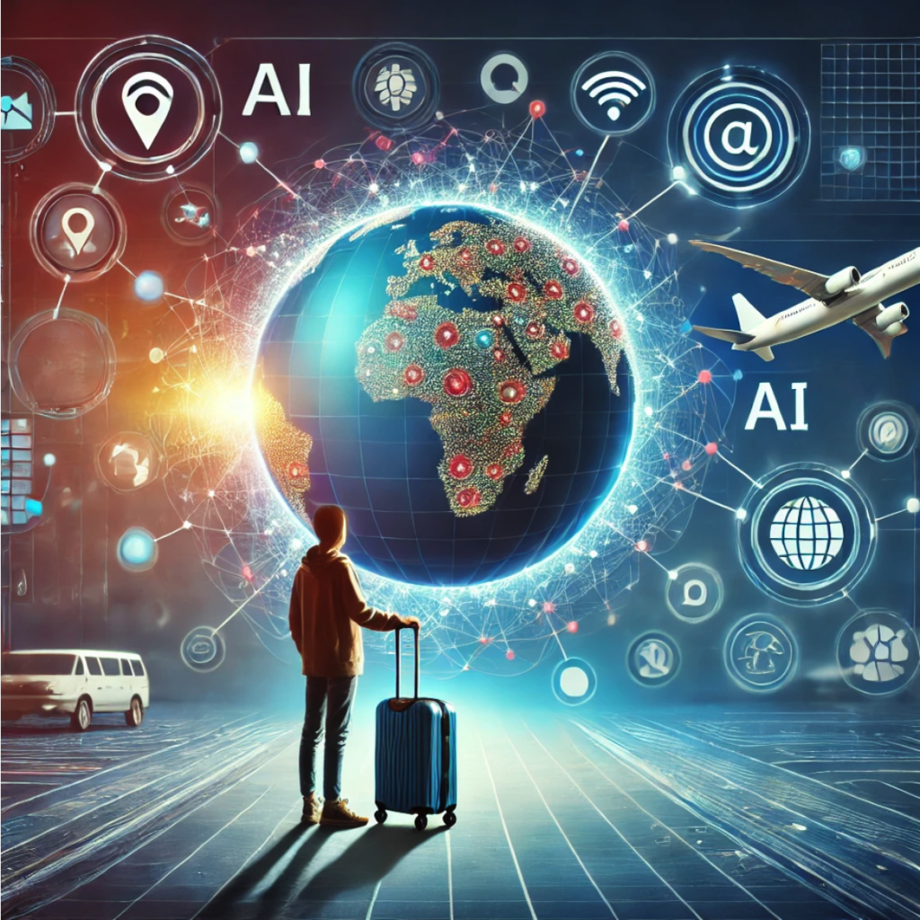 Traveler using AI tools for travel planning with digital icons like maps, planes, and technology symbols surrounding a globe